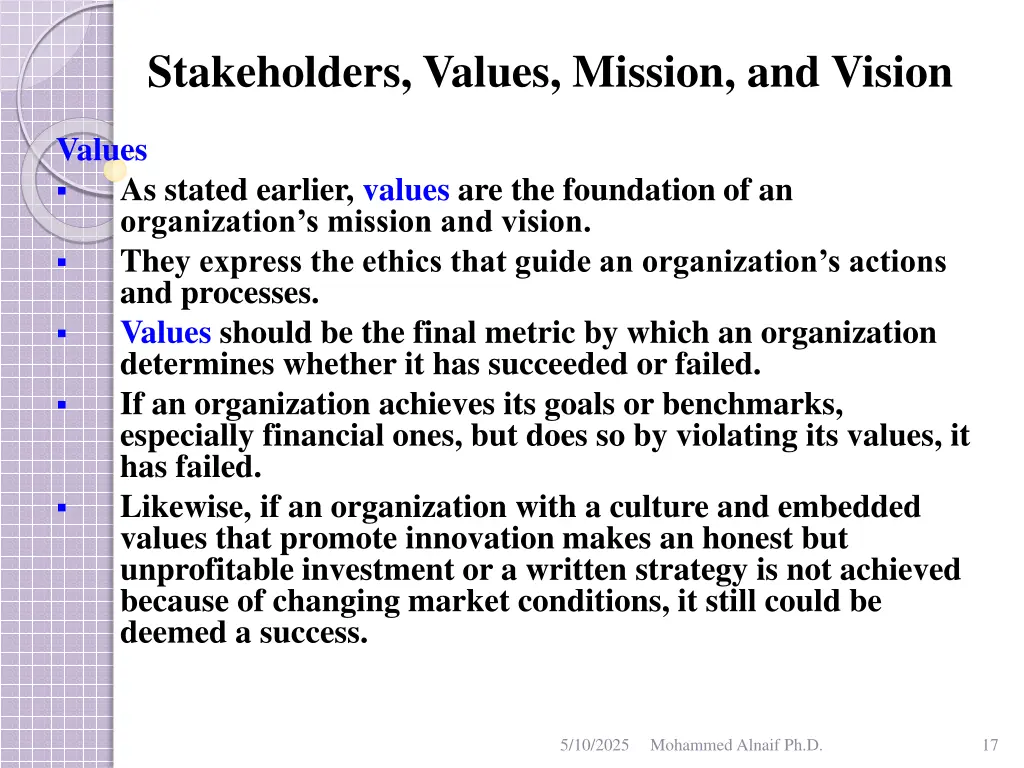 stakeholders values mission and vision 14