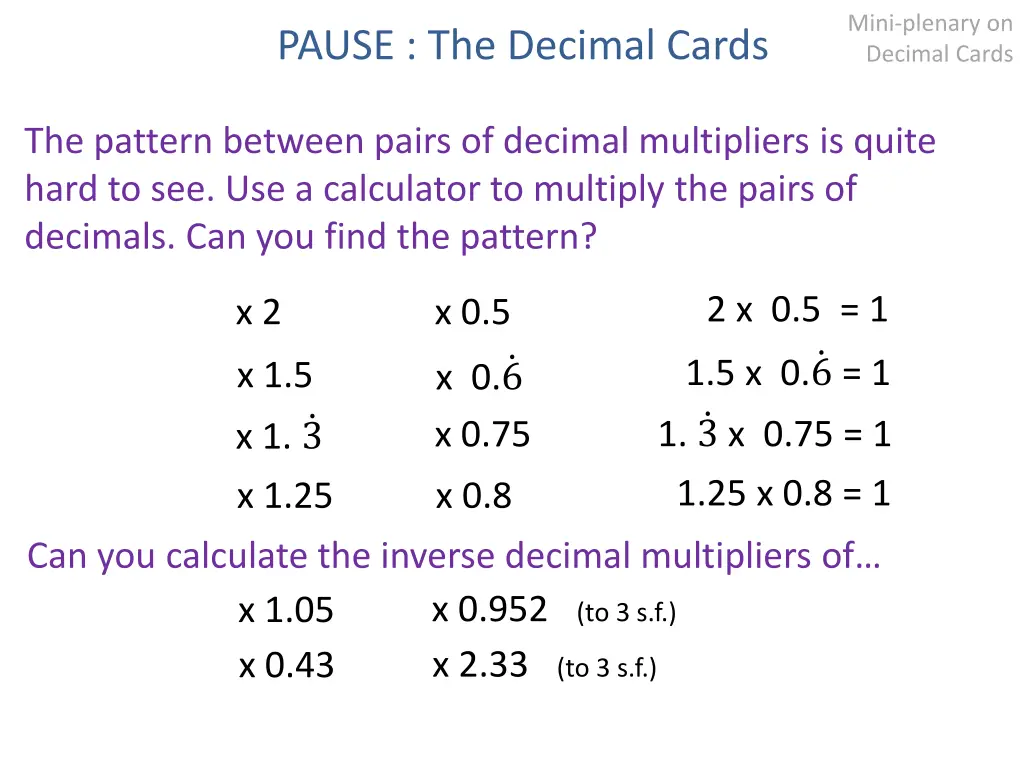 mini plenary on decimal cards