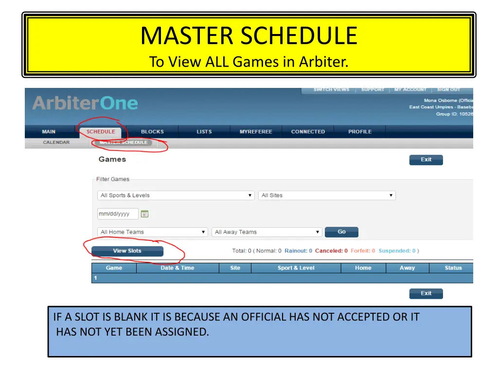 master schedule to view all games in arbiter