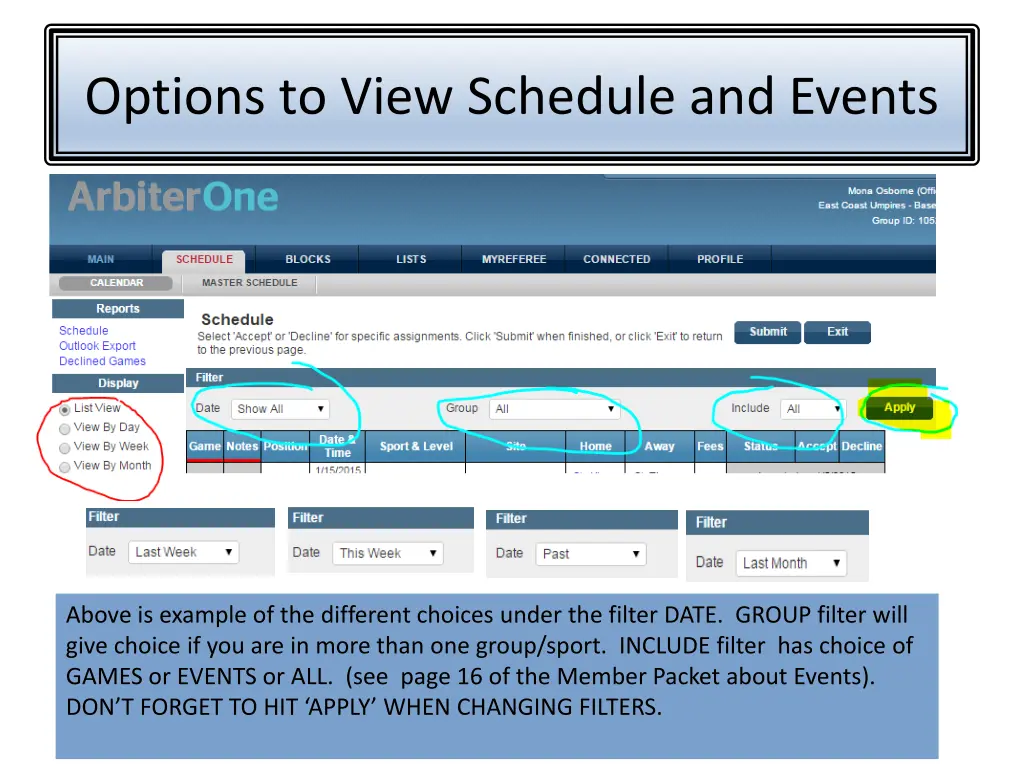 options to view schedule and events