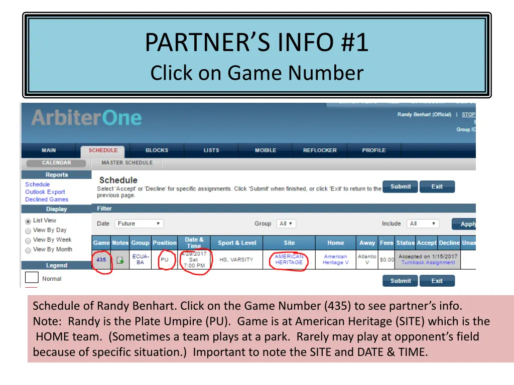 partner s info 1 click on game number