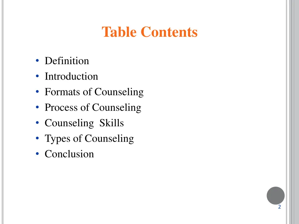 table contents