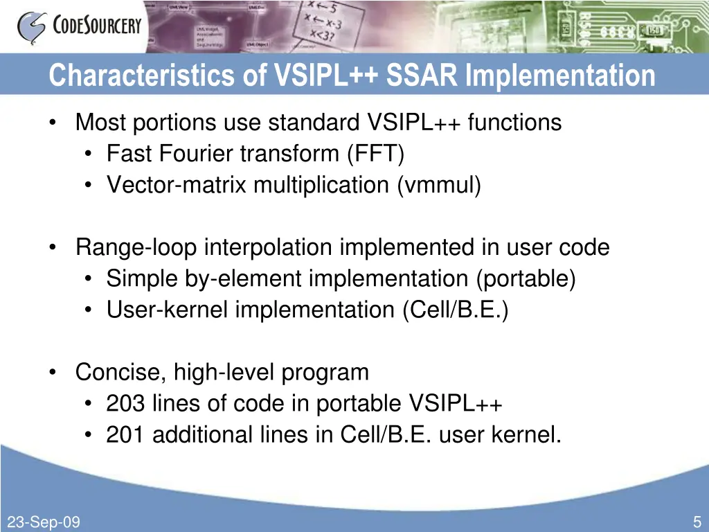 characteristics of vsipl ssar implementation