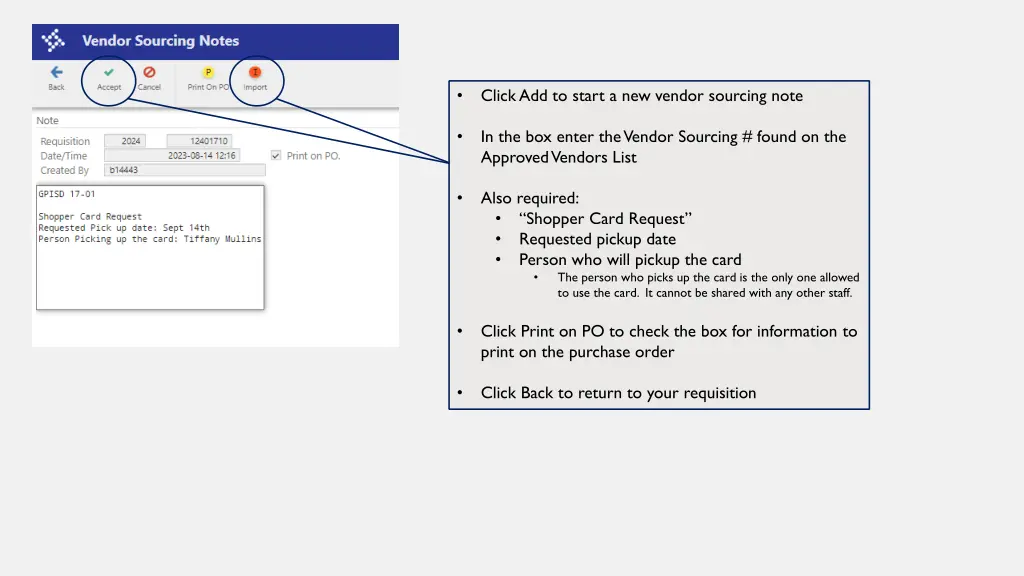 click add to start a new vendor sourcing note