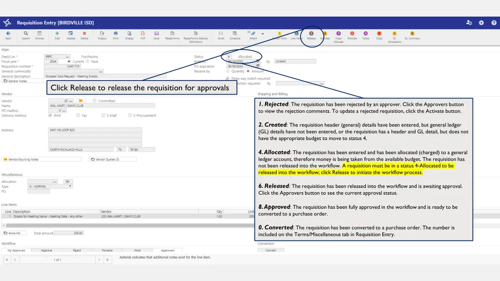 click release to release the requisition