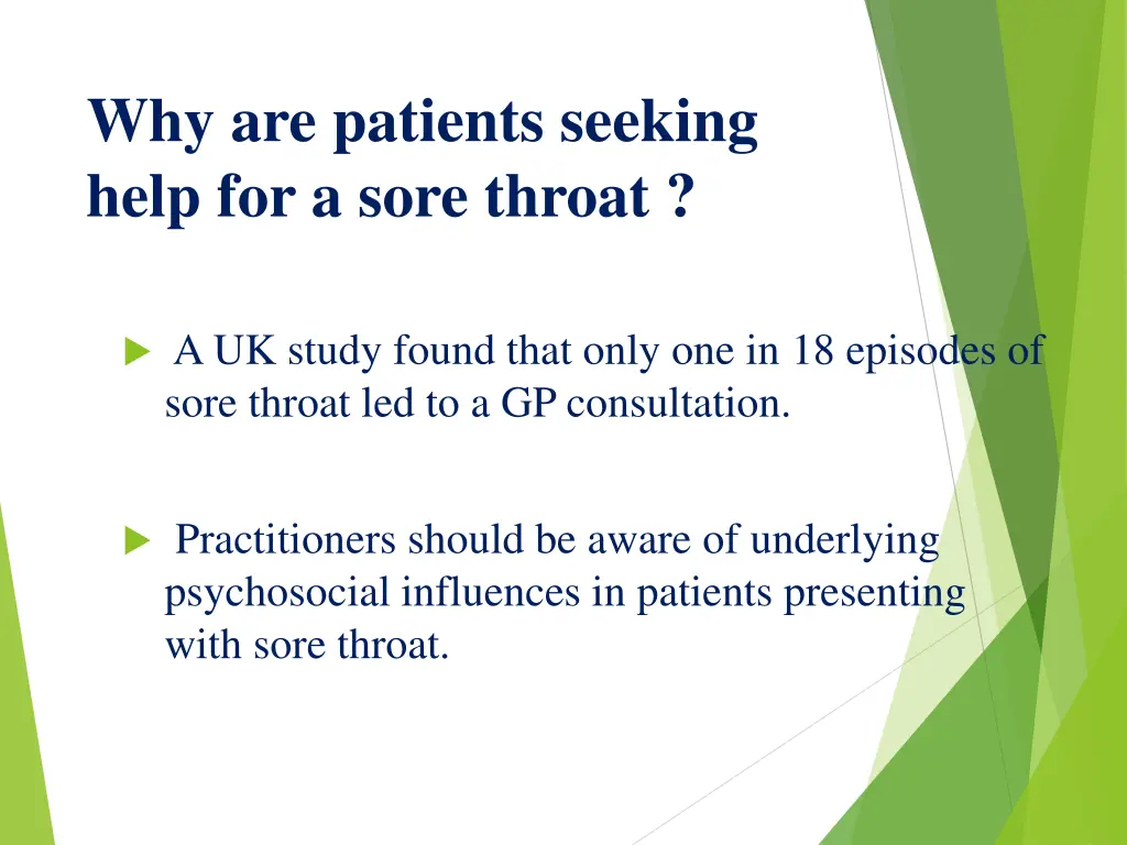 why are patients seeking help for a sore throat