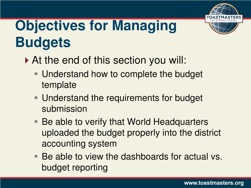 objectives for managing budgets