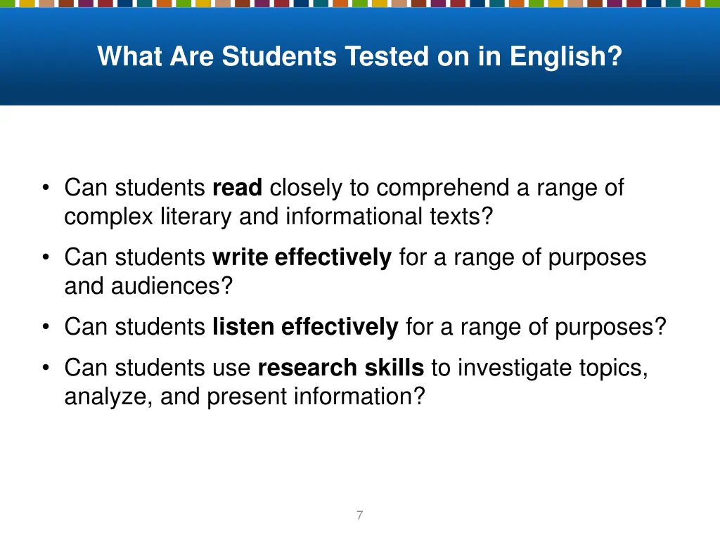 what are students tested on in english
