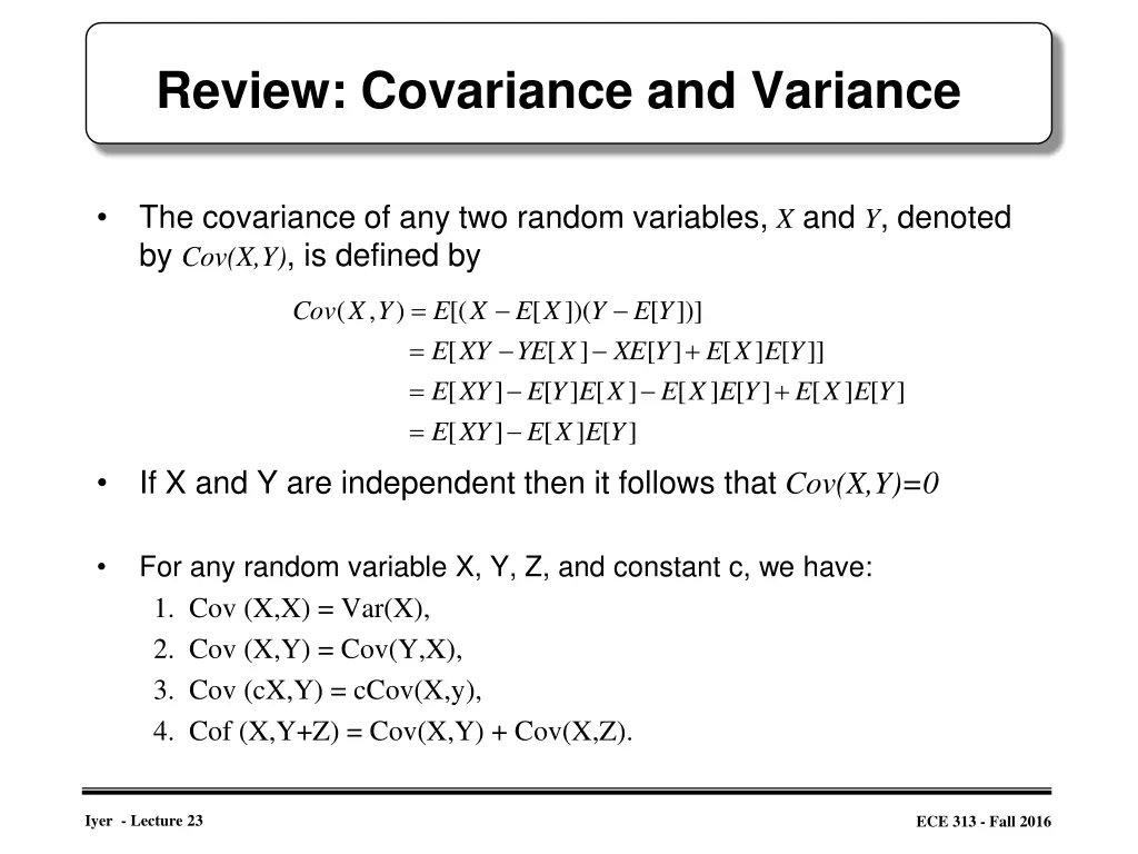 review covariance and variance
