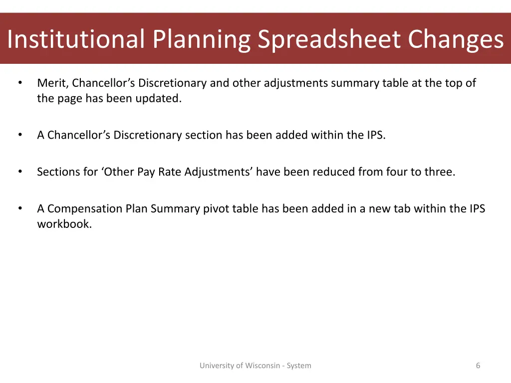 institutional planning spreadsheet changes
