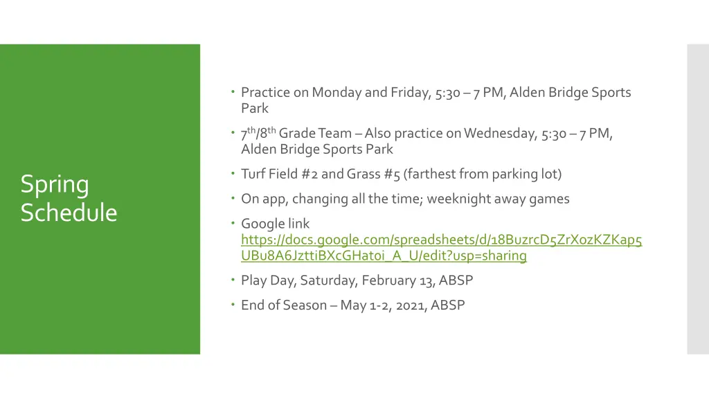 practice on monday and friday 5 30 7 pm alden