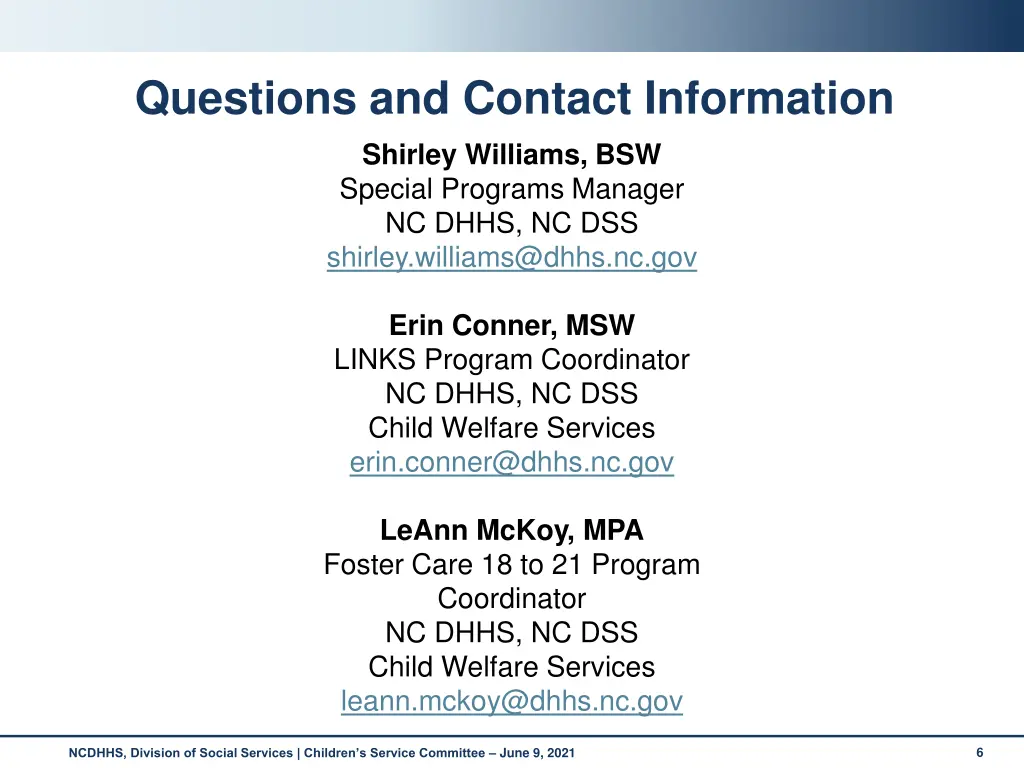questions and contact information