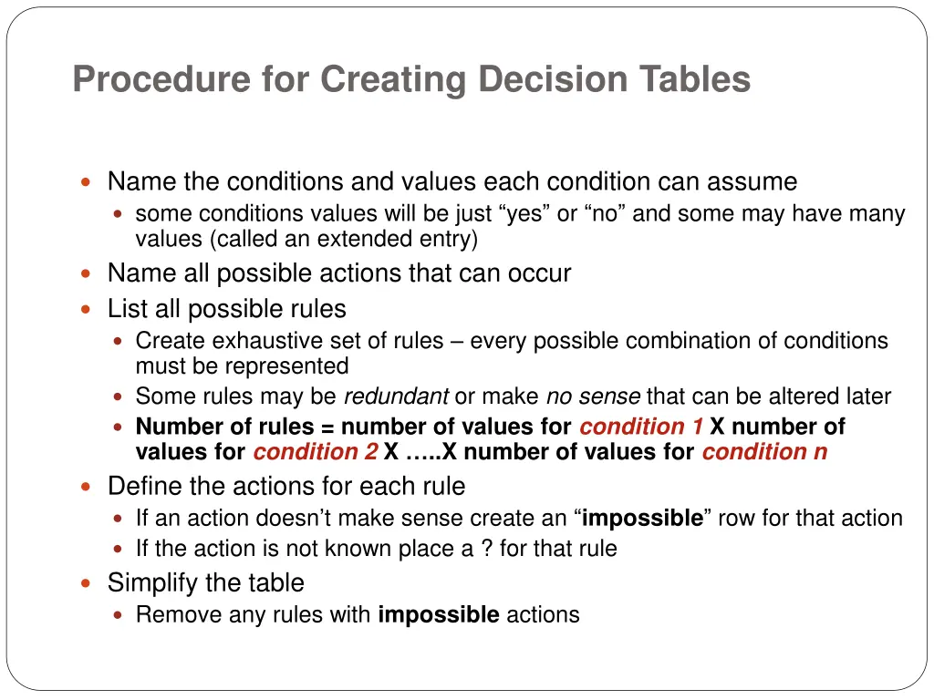 procedure for creating decision tables