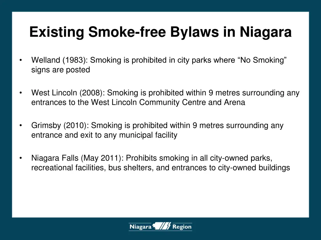 existing smoke free bylaws in niagara