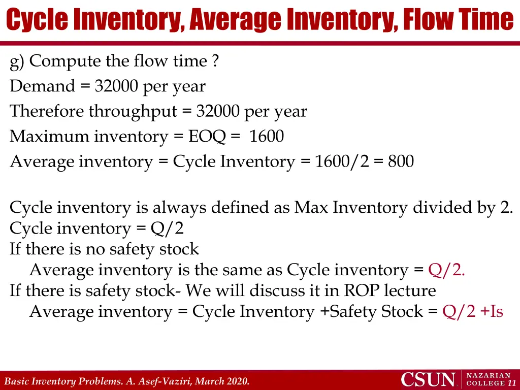 cycle inventory average inventory flow time