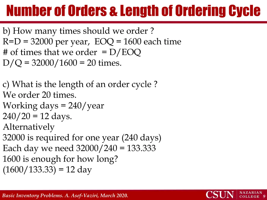 number of orders length of ordering cycle