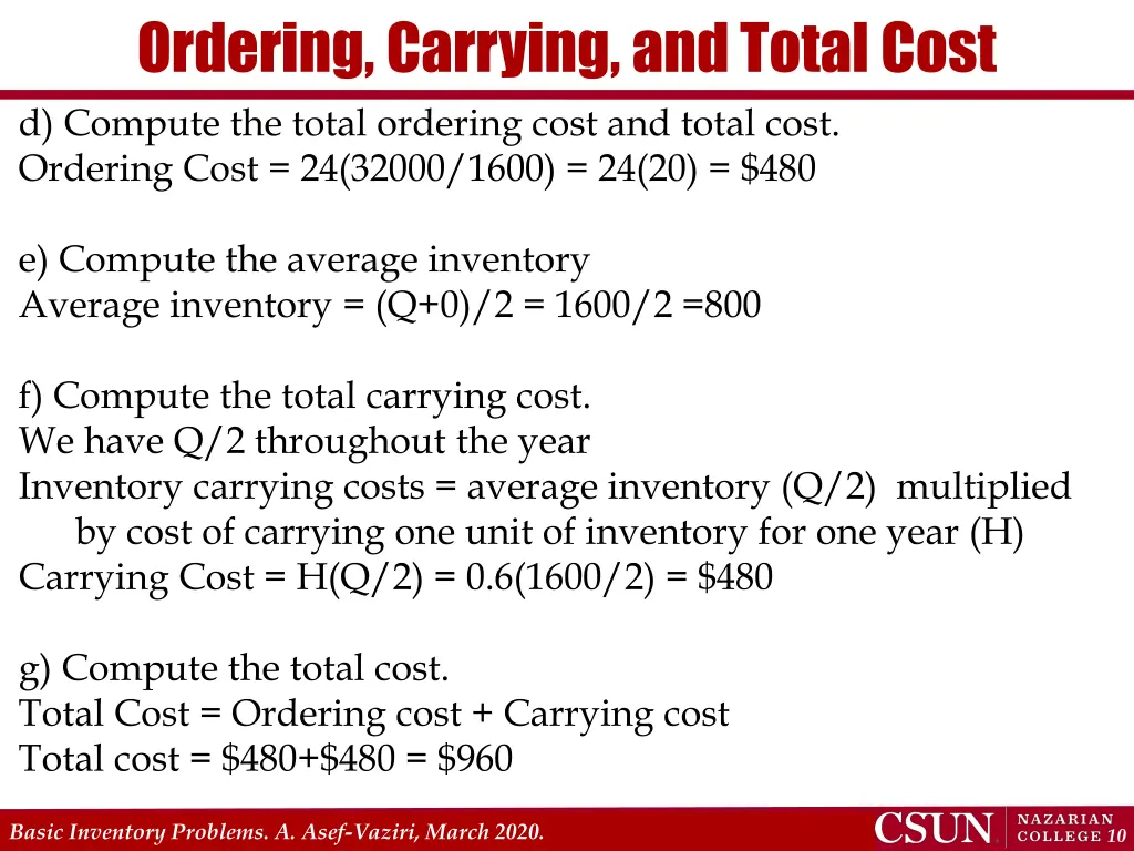 ordering carrying and total cost d compute