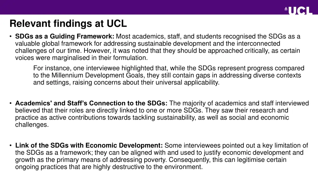 relevant findings at ucl sdgs as a guiding