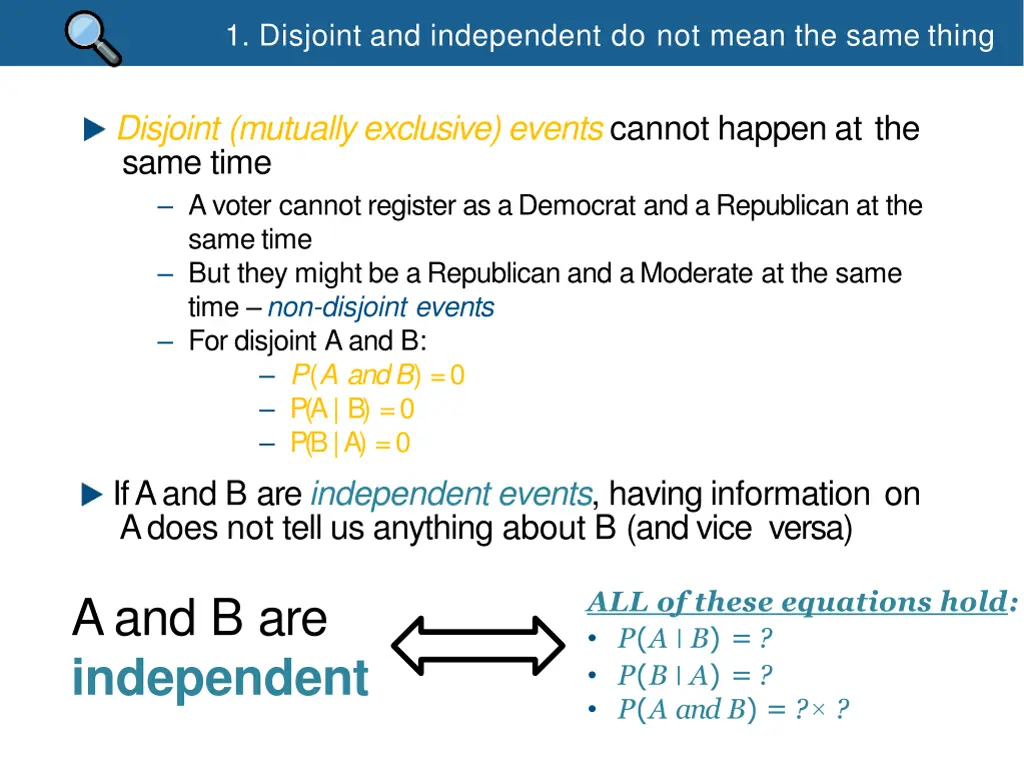 1 disjoint and independent do not mean the same 2