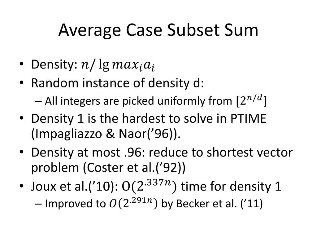 average case subset sum