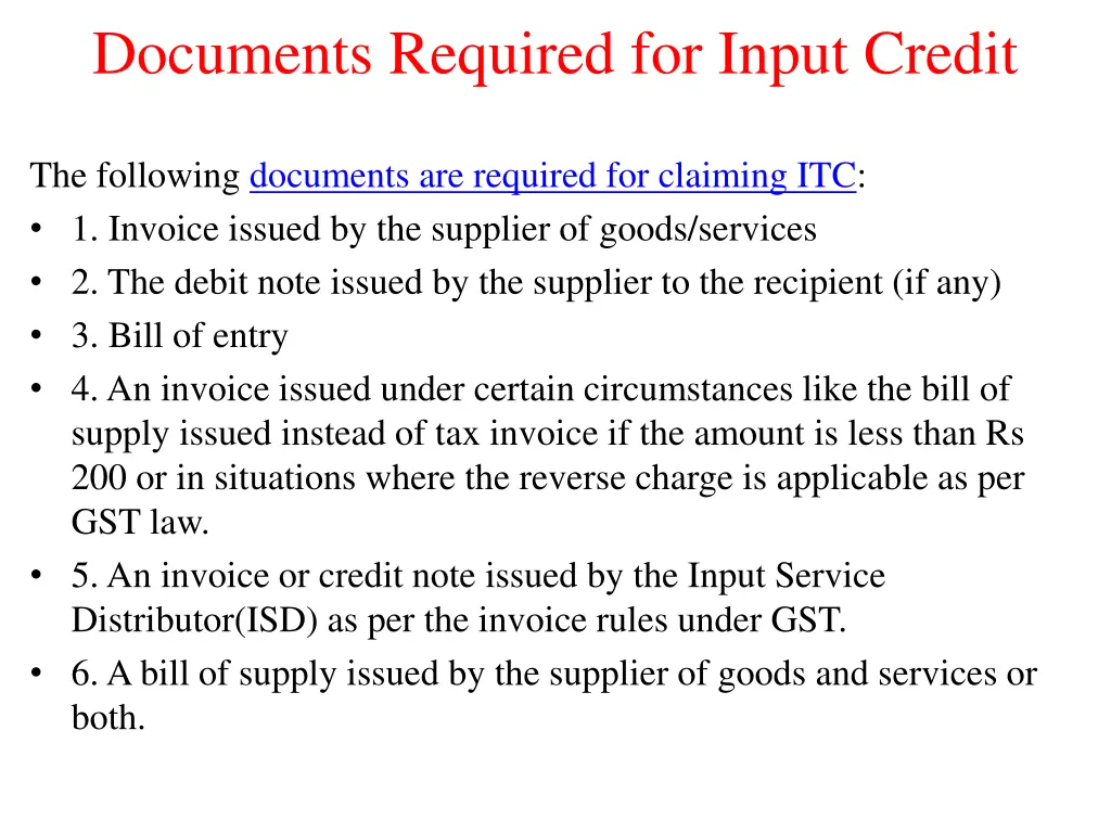 documents required for input credit