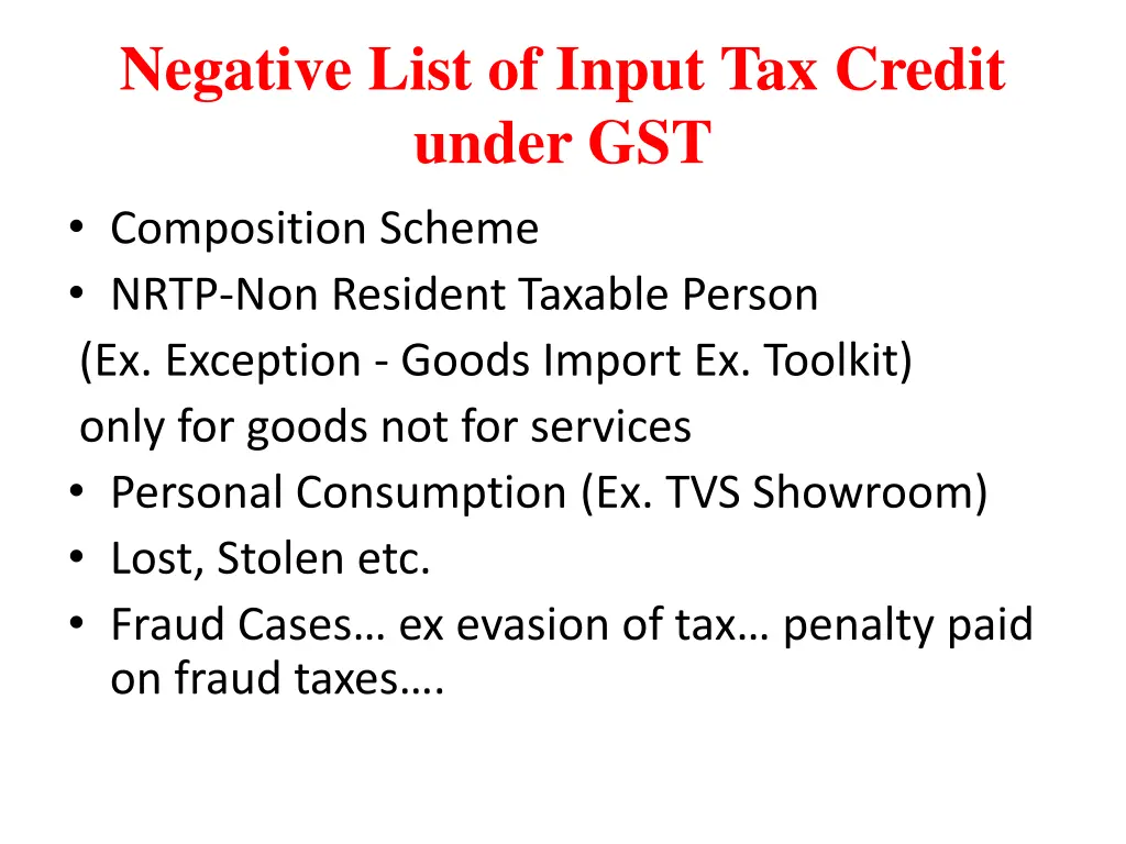 negative list of input tax credit under