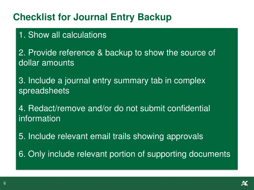 checklist for journal entry backup