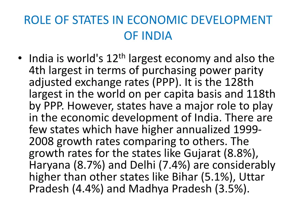 role of states in economic development of india