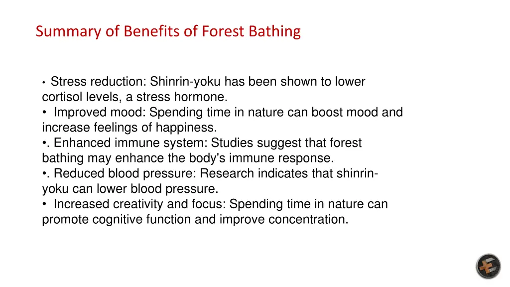 summary of benefits of forest bathing
