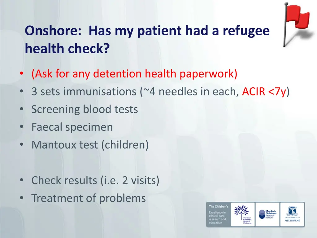 onshore has my patient had a refugee health check