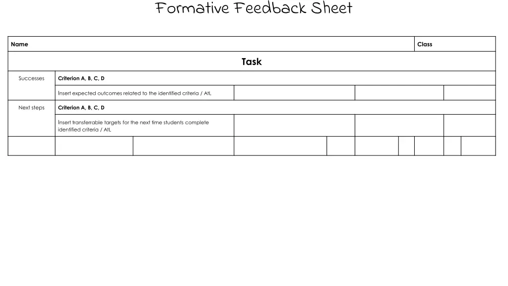 formative feedback sheet