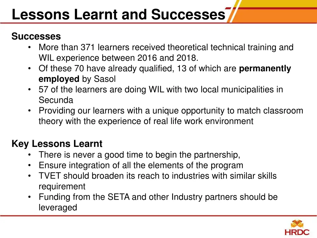 lessons learnt and successes