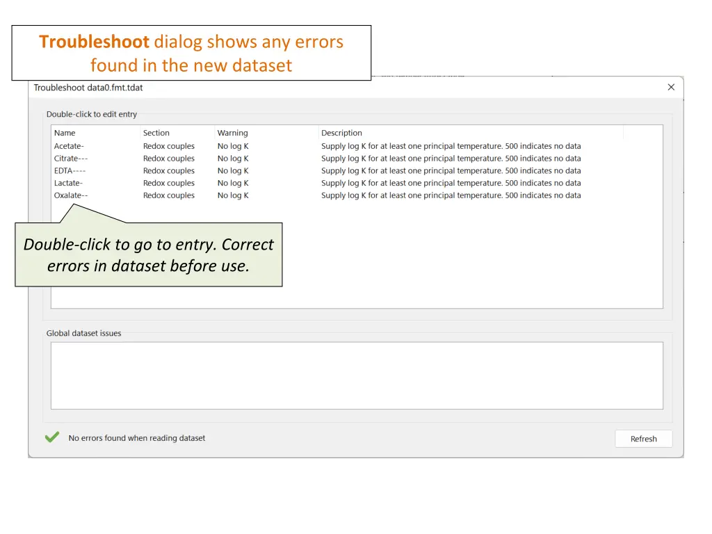 troubleshoot dialog shows any errors found