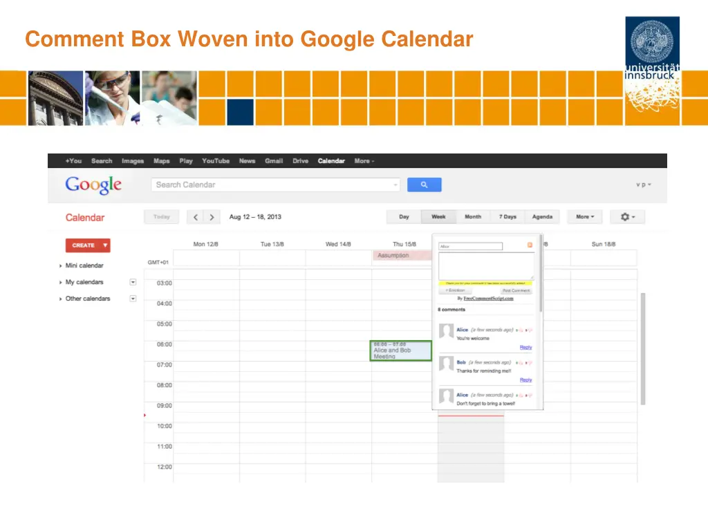 comment box woven into google calendar