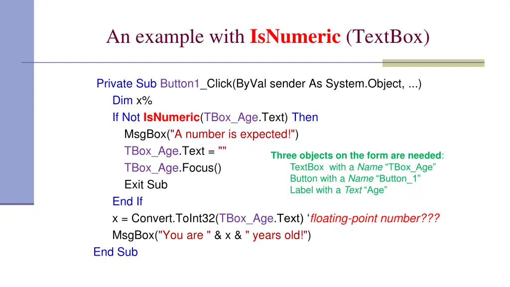 an example with isnumeric textbox