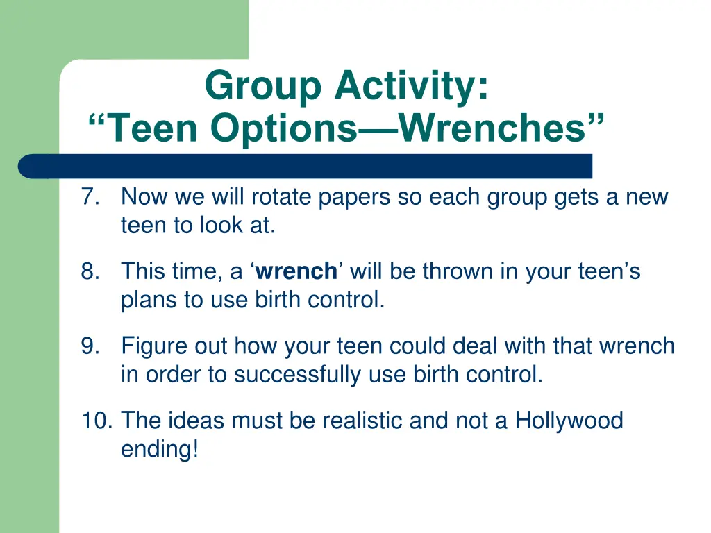 group activity teen options wrenches
