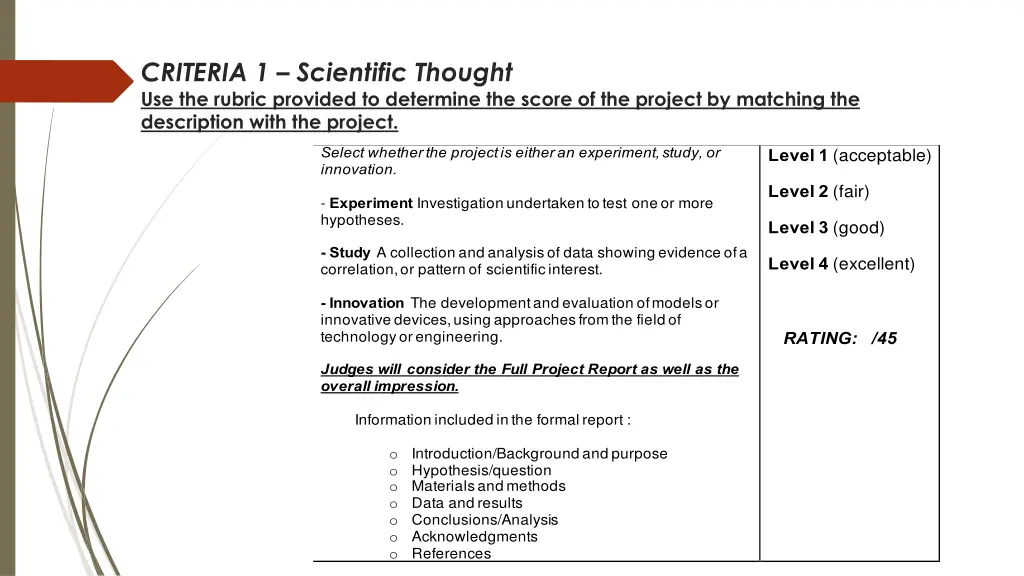 criteria 1 scientific thought use the rubric