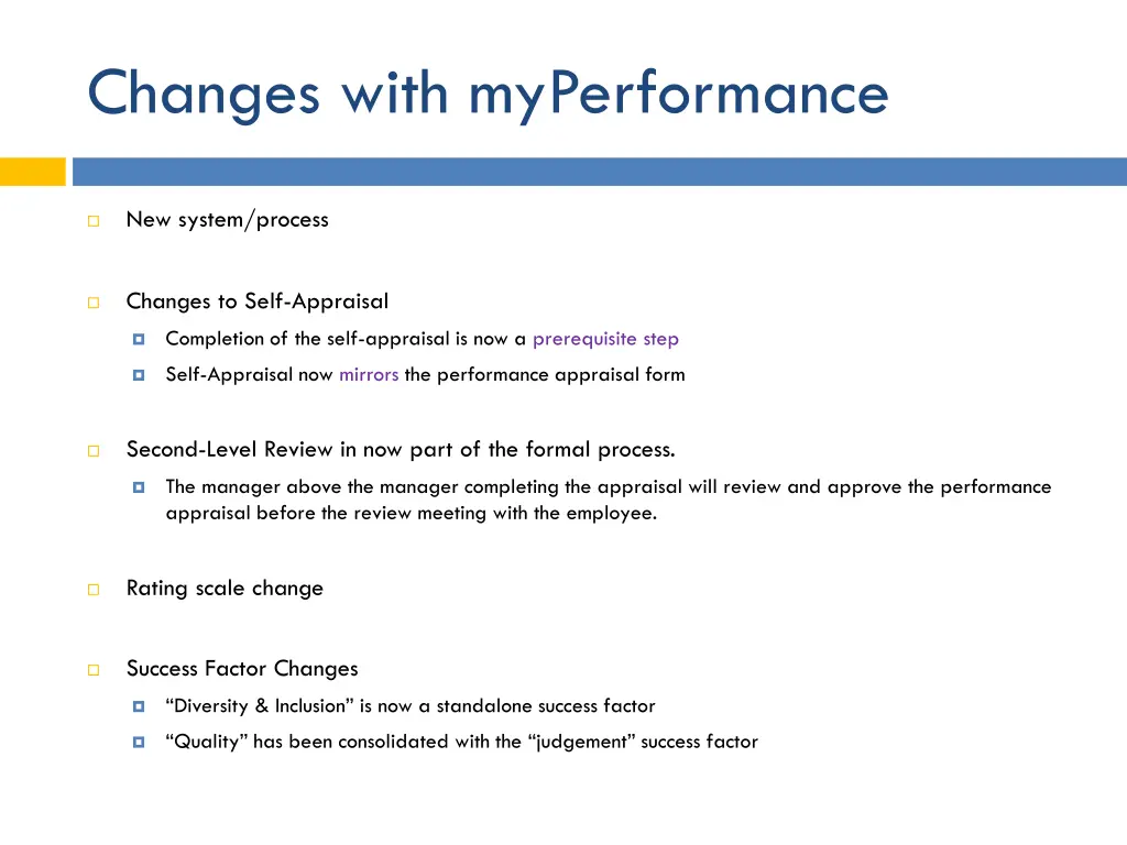 changes with myperformance