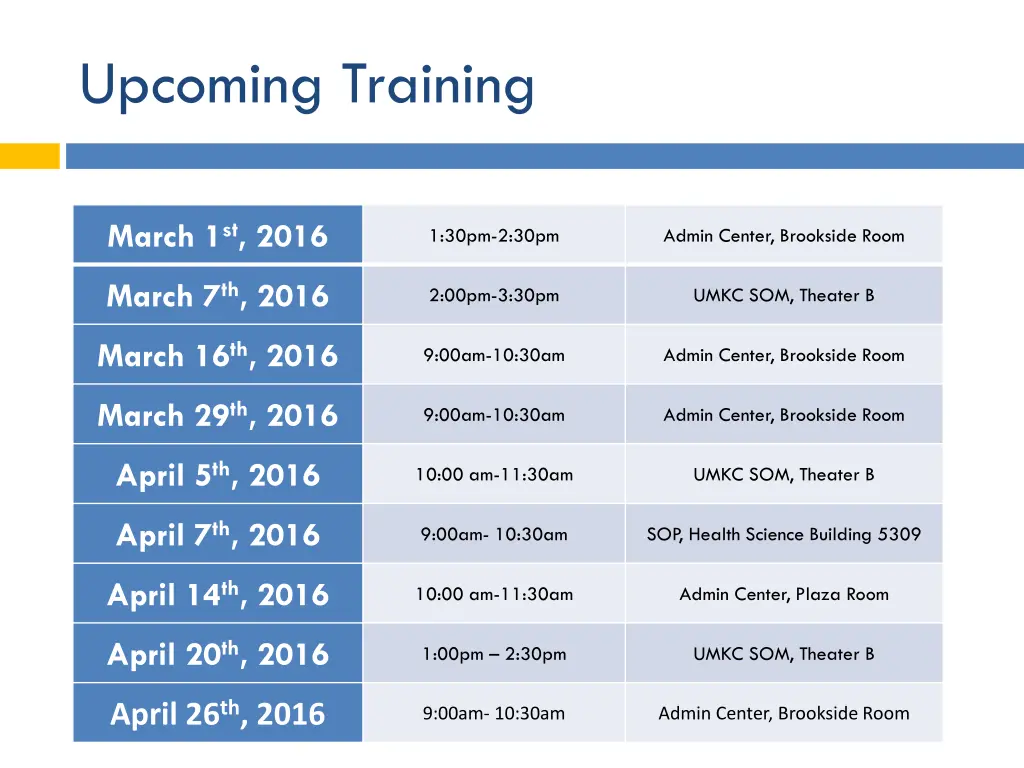 upcoming training