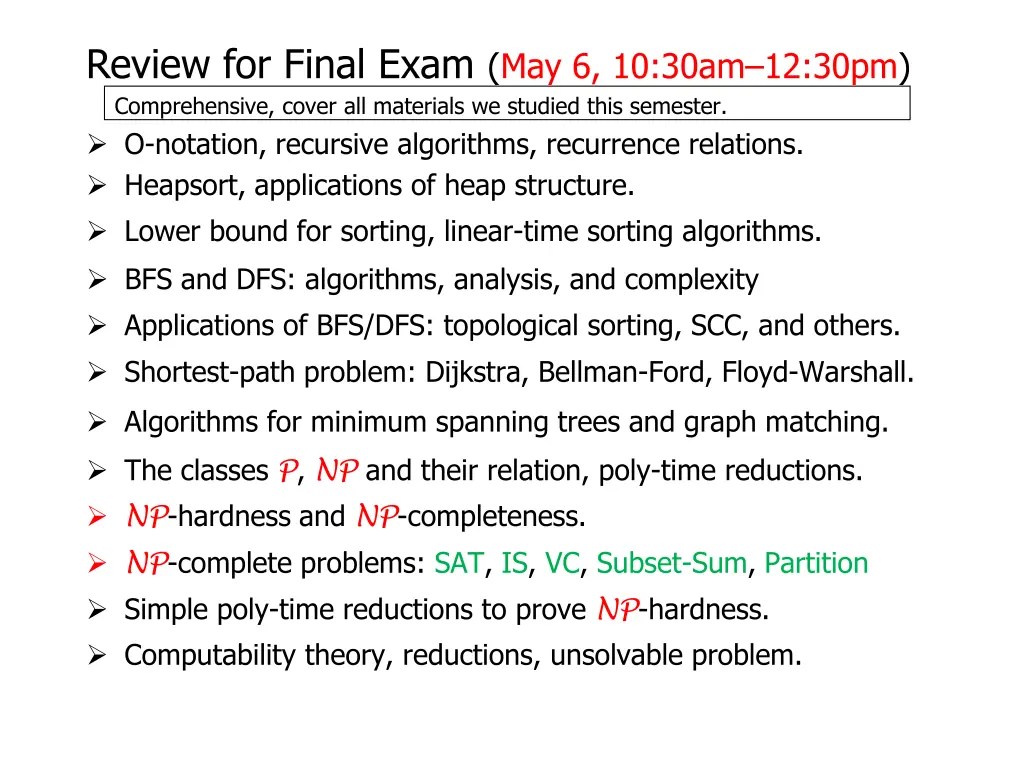 review for final exam may 6 10 30am 12 30pm 1