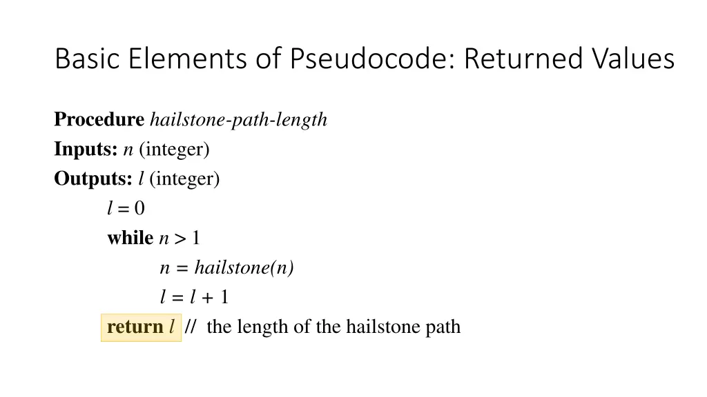 basic elements of pseudocode returned values