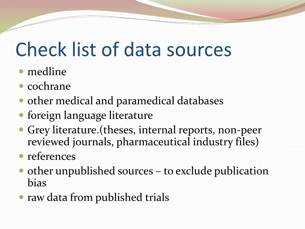 check list of data sources medline cochrane other