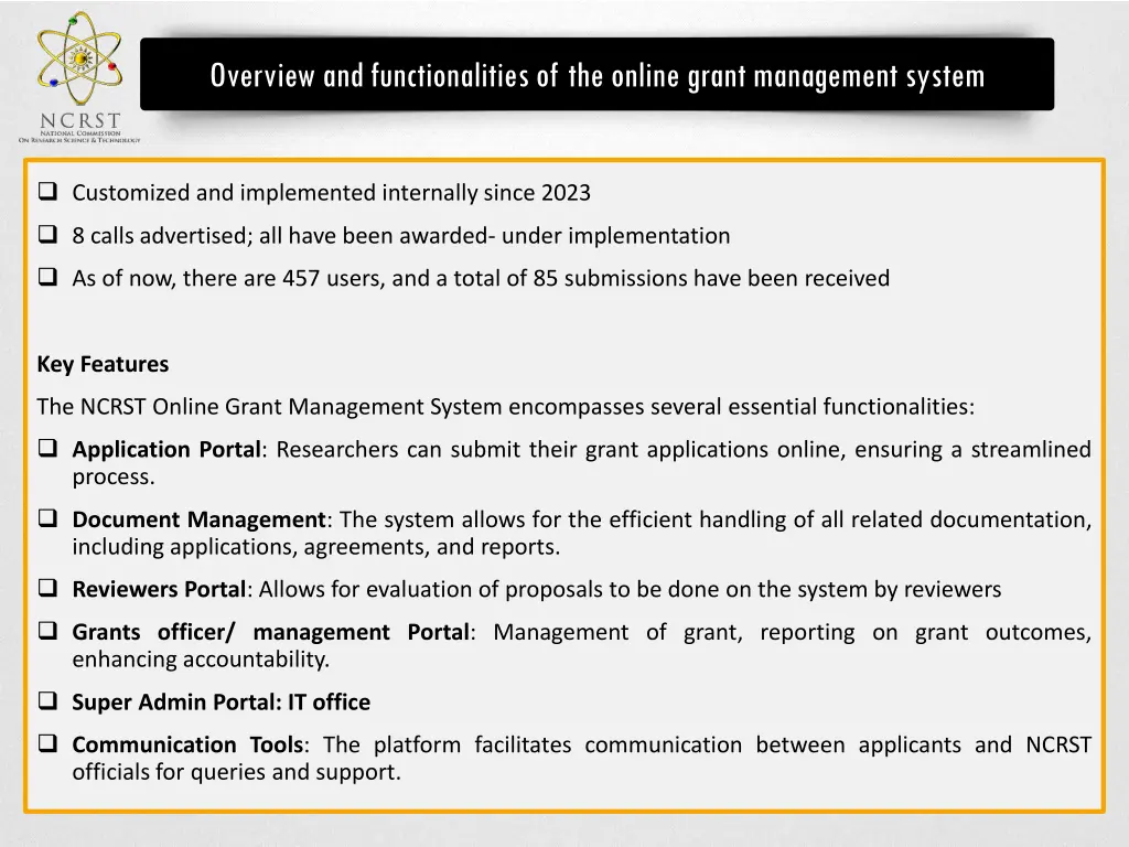 overview and functionalities of the online grant