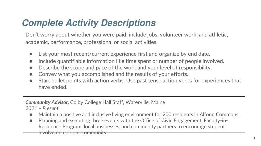 complete activity descriptions