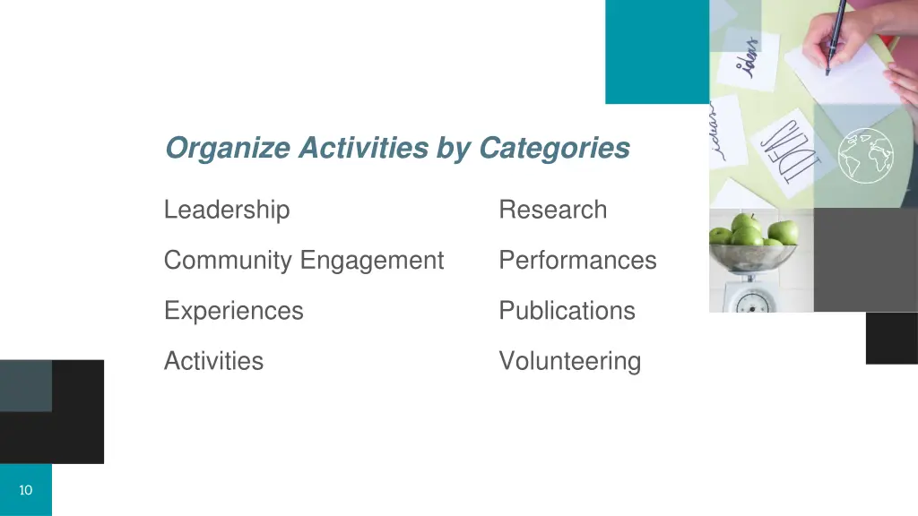 organize activities by categories