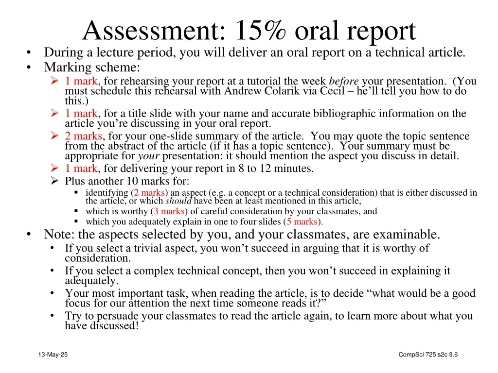 assessment 15 oral report during a lecture period