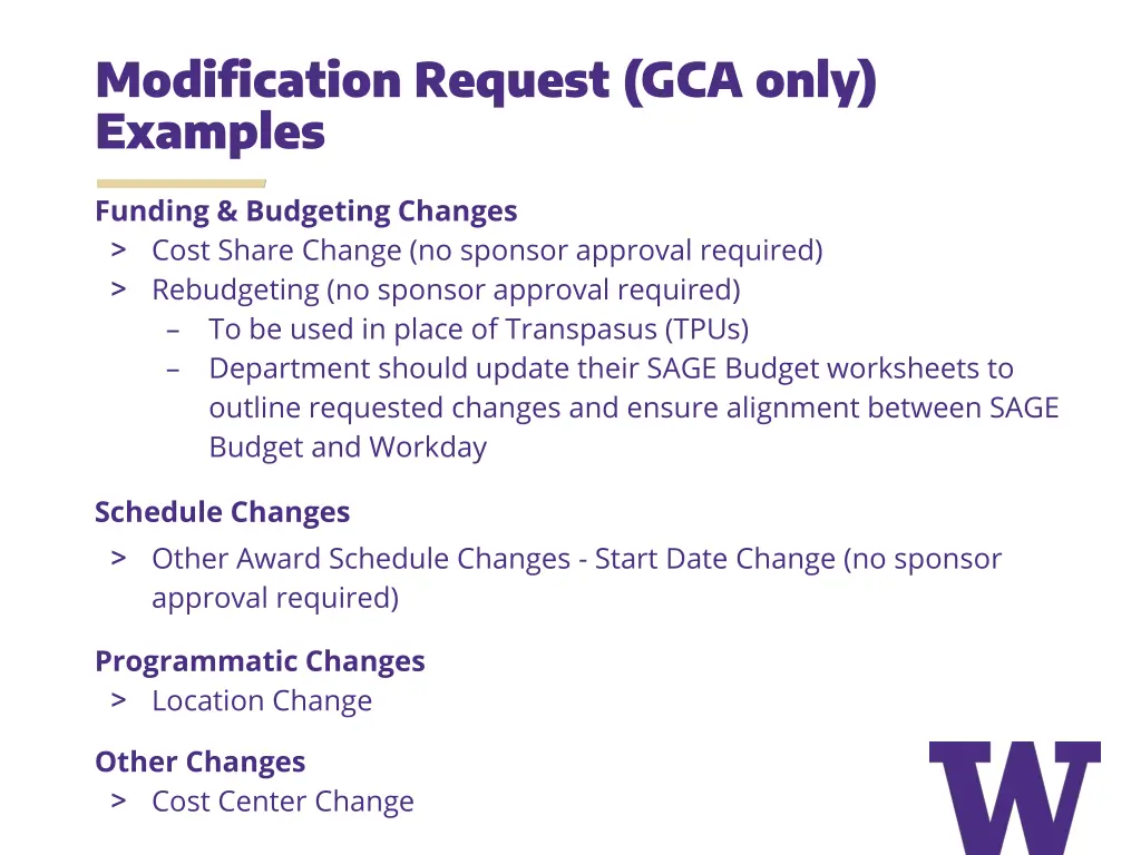 modification request gca only examples