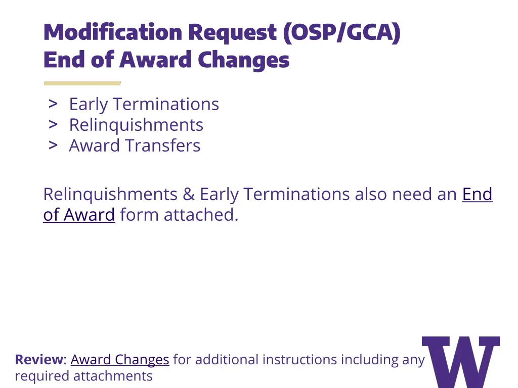 modification request osp gca end of award changes