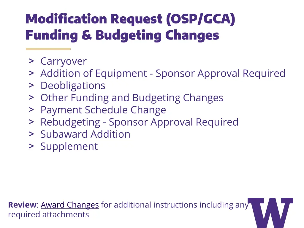 modification request osp gca funding budgeting