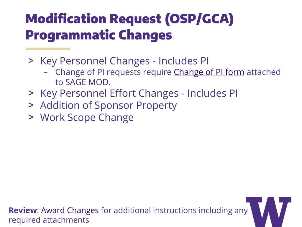 modification request osp gca programmatic changes
